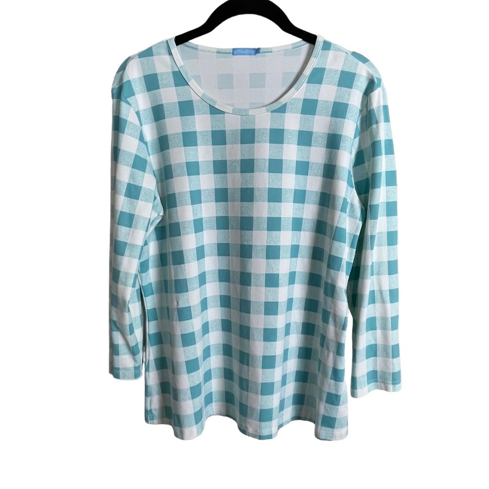 J.McLaughlin Women's size L White Turquoise Check 3/4 Sleeve Top Everyday Casual